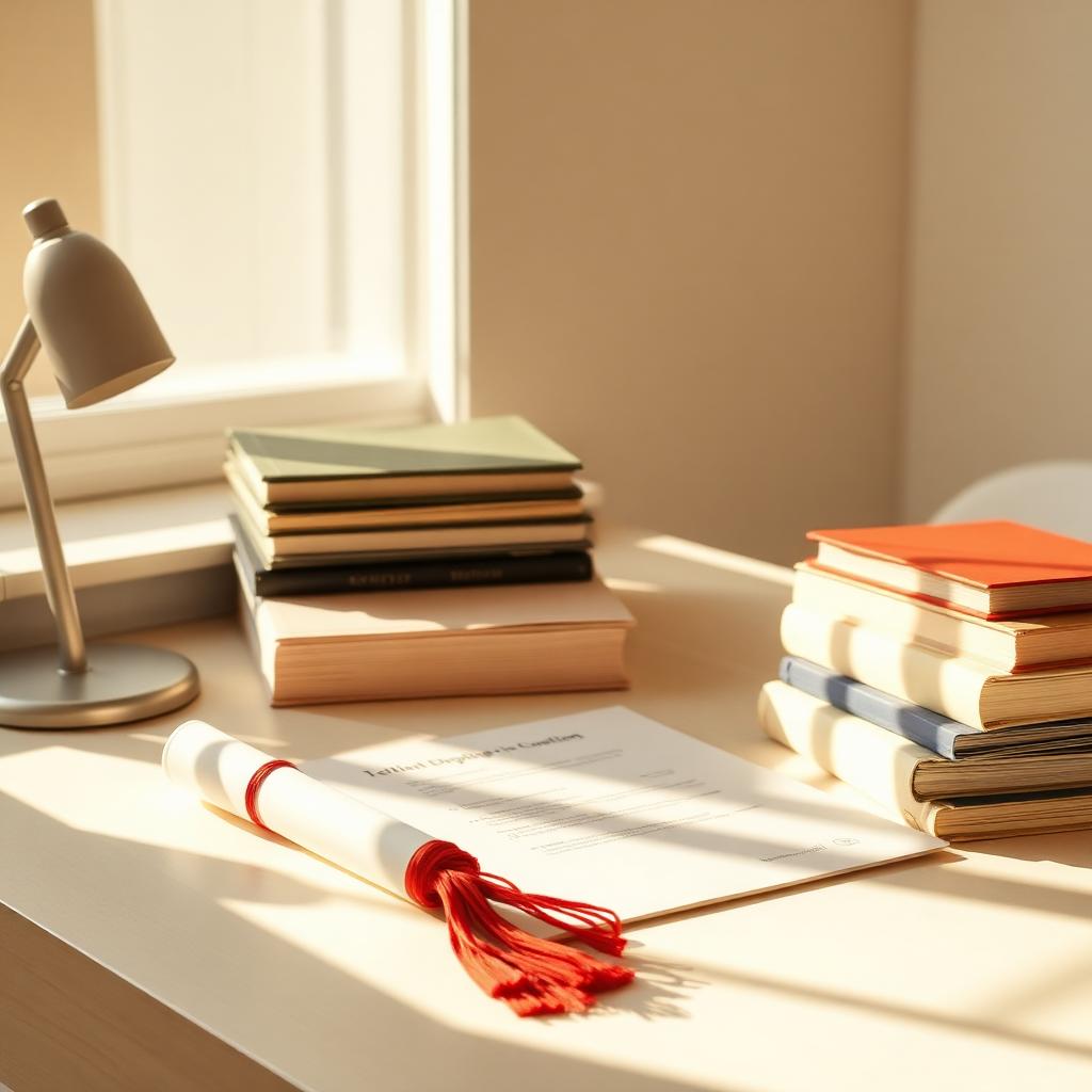 A rolled diploma with a red tassel next to stacked books on a bright desk