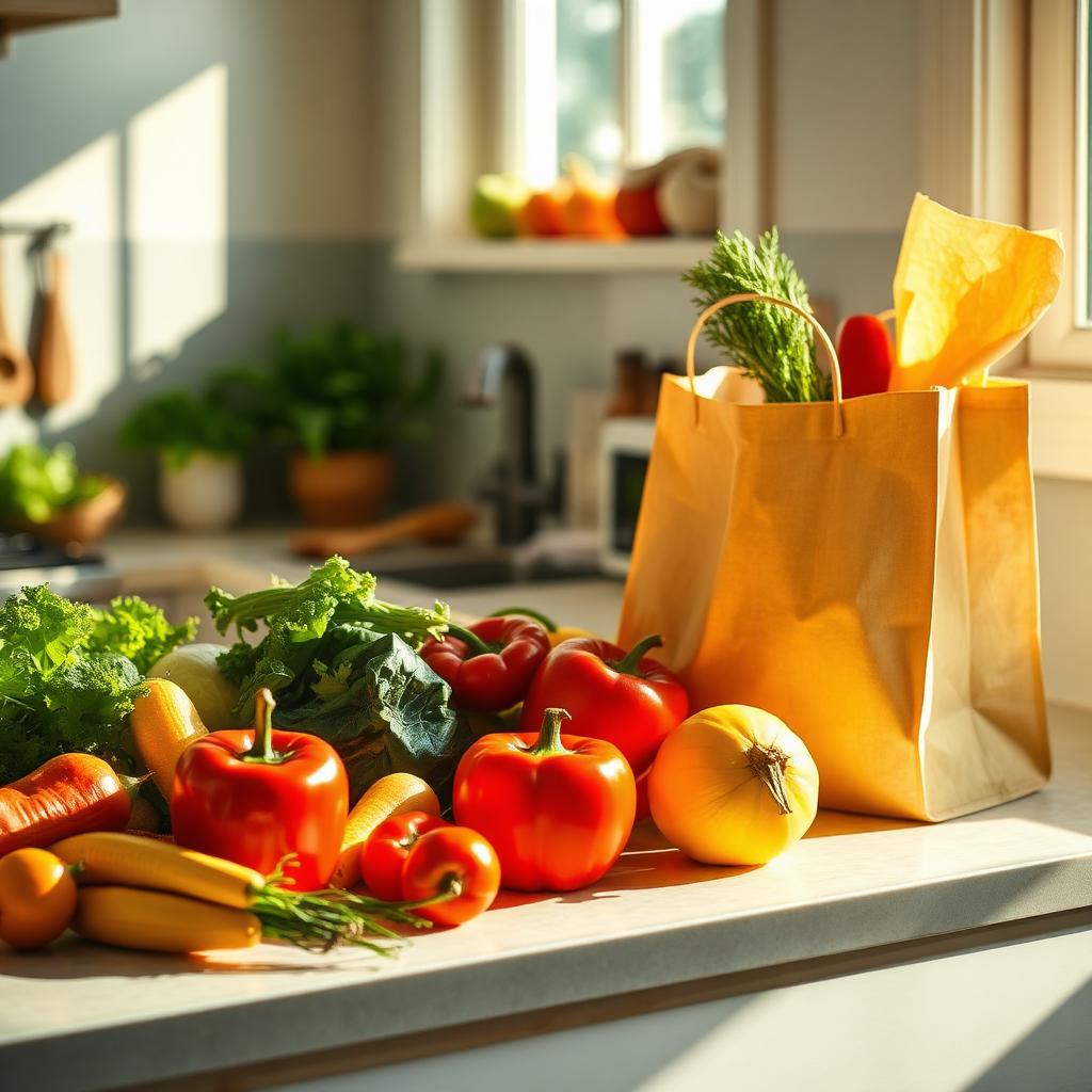 A bright kitchen counter with fresh vegetables and a grocery bag in warm daylight