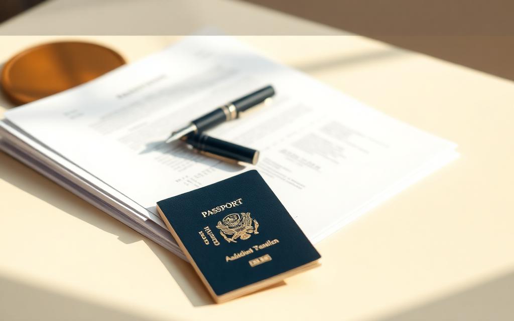 Stacked official documents with a fountain pen and passport in warm daylight