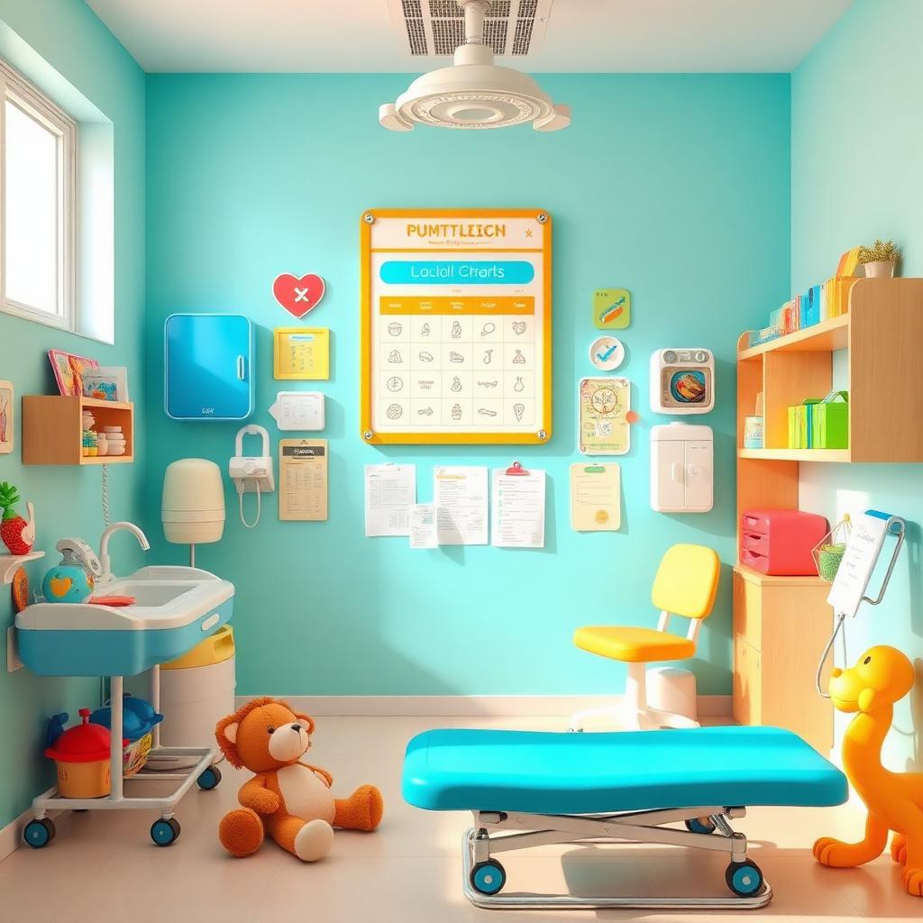 A bright, cheerful pediatric clinic room in warm daylight