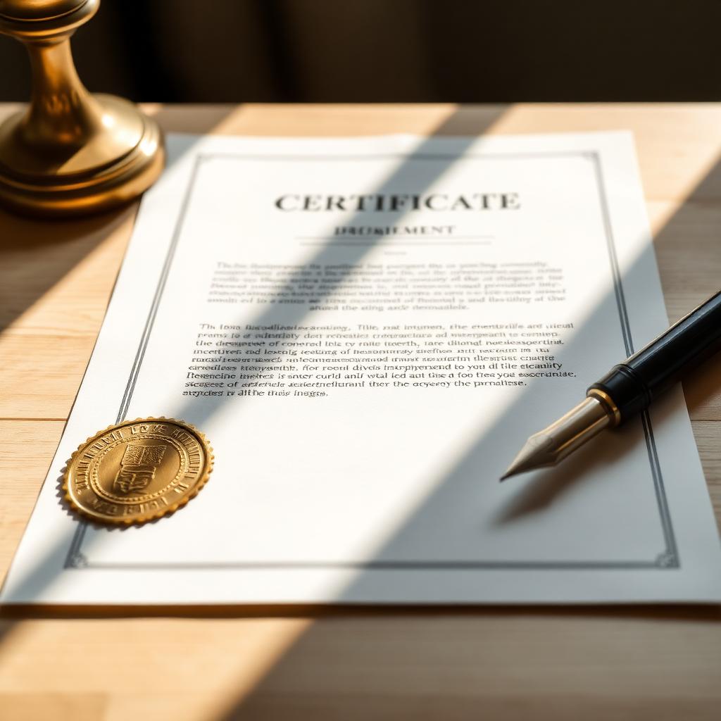 An official certificate with an embossed seal and fountain pen on a bright desk
