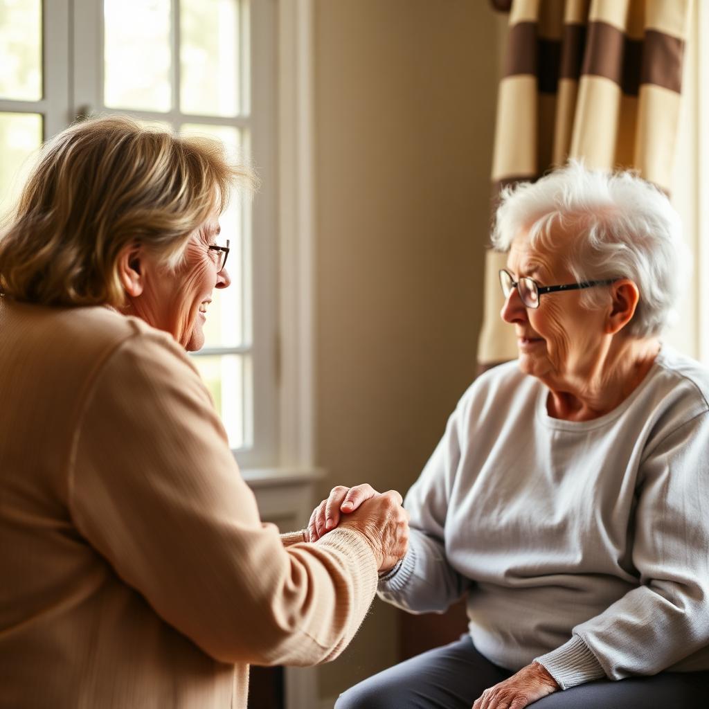 A caregiver gently holding the hand of an elderly person in a bright home