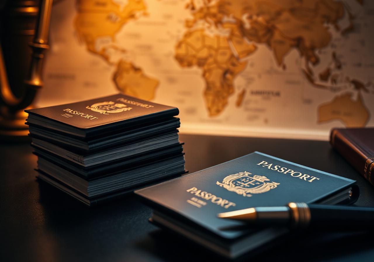 Passports and documents on a desk with a world map in the background