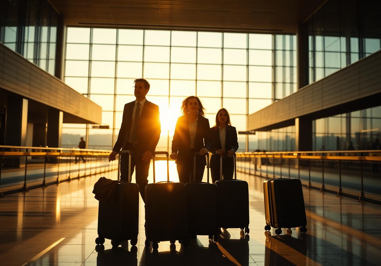 A family arriving at an international airport terminal at golden hour