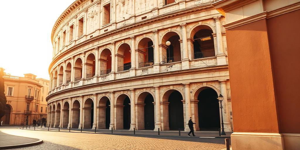Roman Colosseum arches lit by warm golden daylight