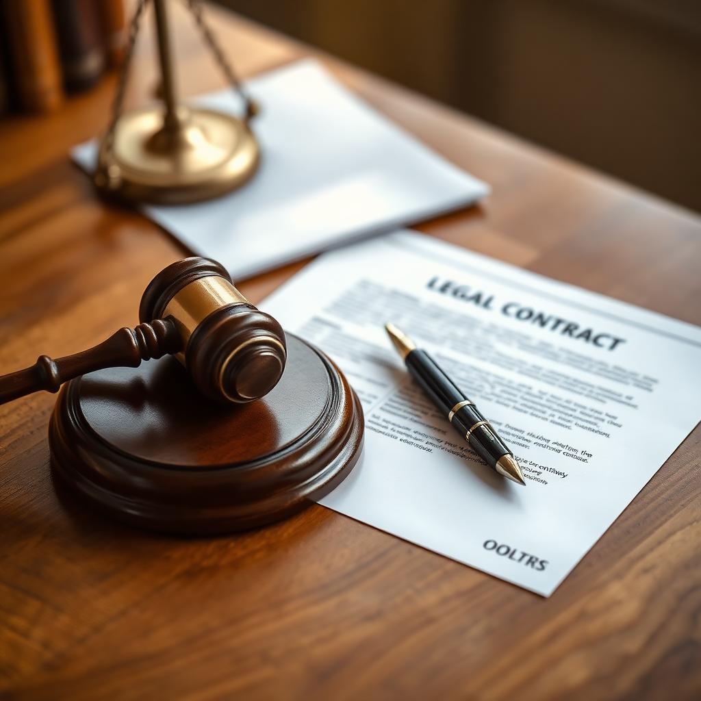 A wooden gavel resting beside a legal contract and fountain pen on a desk