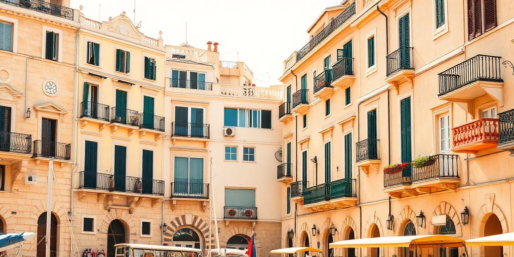 Honey-limestone facades and colorful traditional balconies of Valletta, Malta