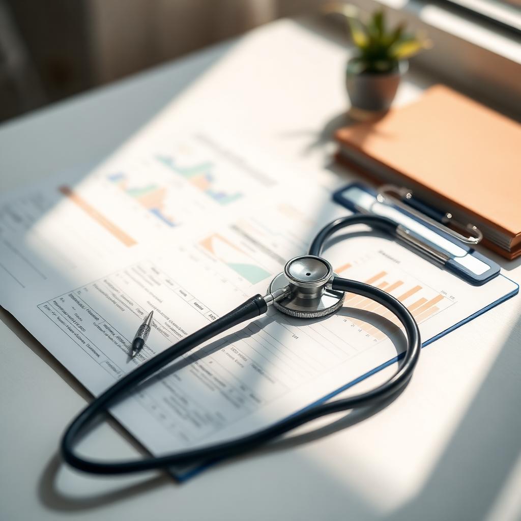 A stethoscope resting on a medical chart on a bright desk