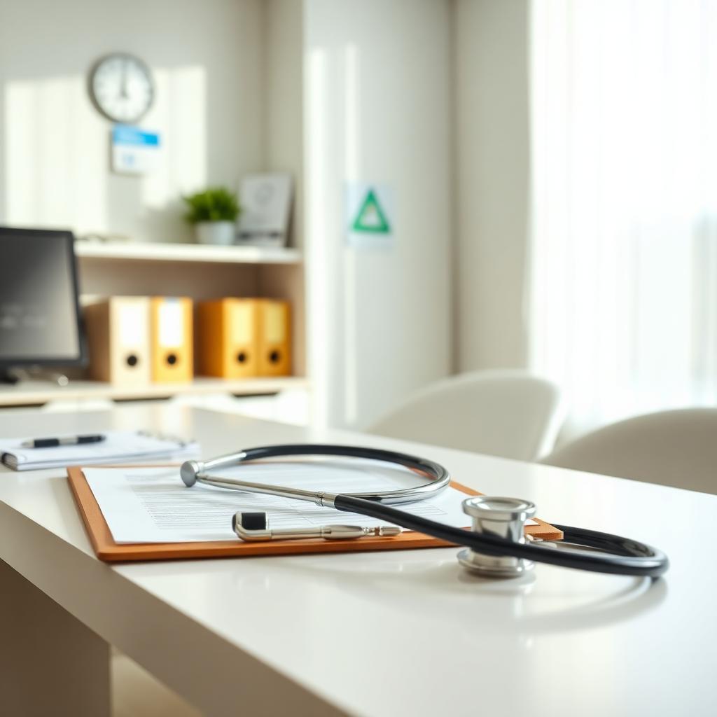 A stethoscope and clipboard on a bright doctor's office desk