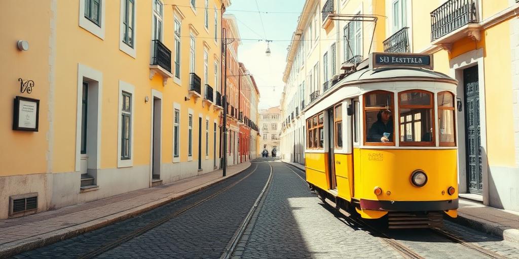 Yellow tram on a Lisbon cobbled street lined with pastel buildings