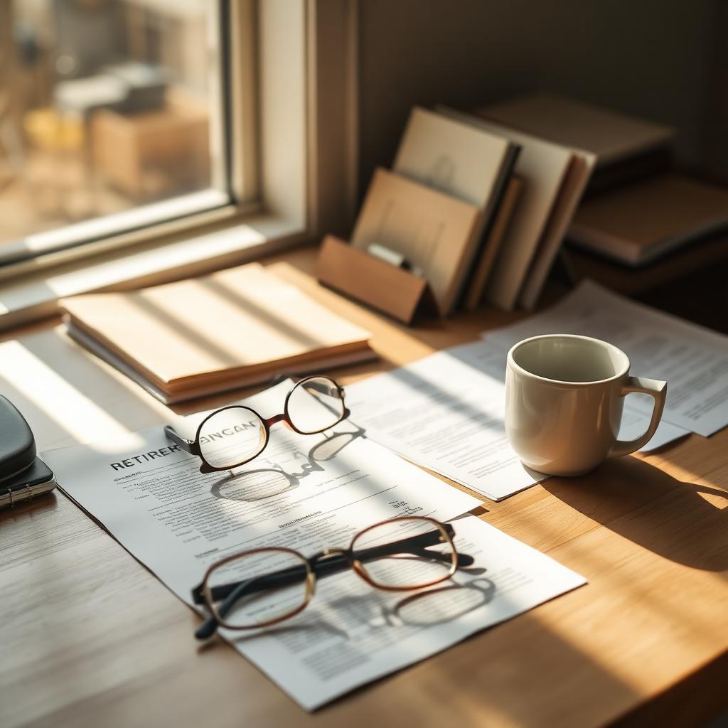 A bright desk with retirement paperwork, reading glasses, and a coffee cup in warm daylight