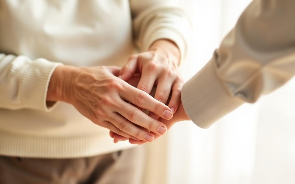 A caregiver gently holding the hands of an elderly person in warm daylight