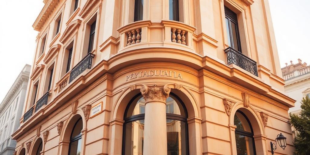 Warm honey-stone classical Spanish architecture facade in bright daylight