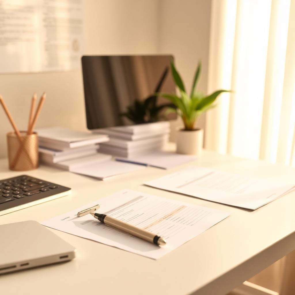 A bright office desk with benefit application forms and a pen in warm daylight
