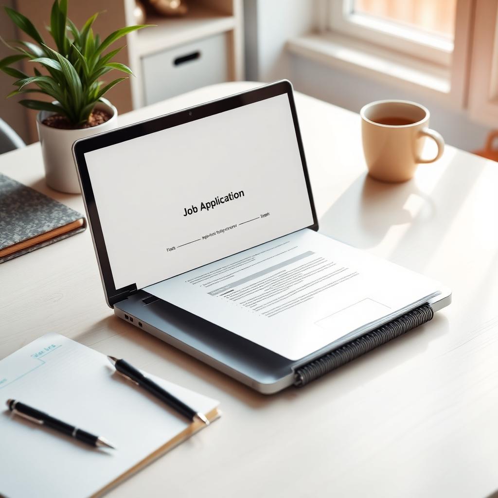 A bright home office desk with a laptop showing a job application form